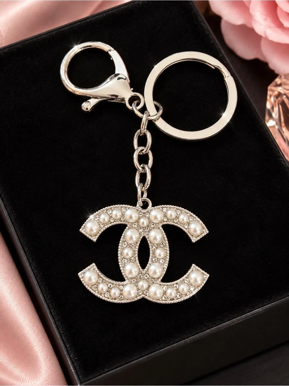 Pearl & Rhinestone CC Logo Keychain Purse Charm Silver Tone